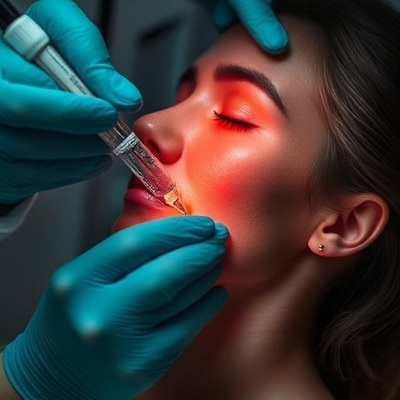 Woman receiving PRP (Platelet-Rich Plasma) facial treatment with a microneedling device, performed by a professional Doctor
