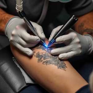 Laser tattoo removal treatment being performed on forearm